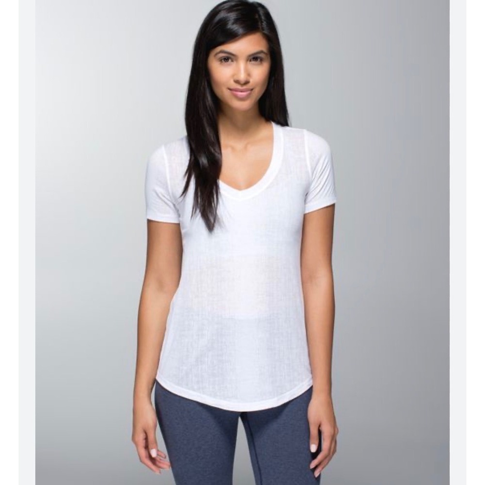 Lululemon Salutation To Savasana SS White Burnout V-Neck Yoga Tee W3D07S Size 10